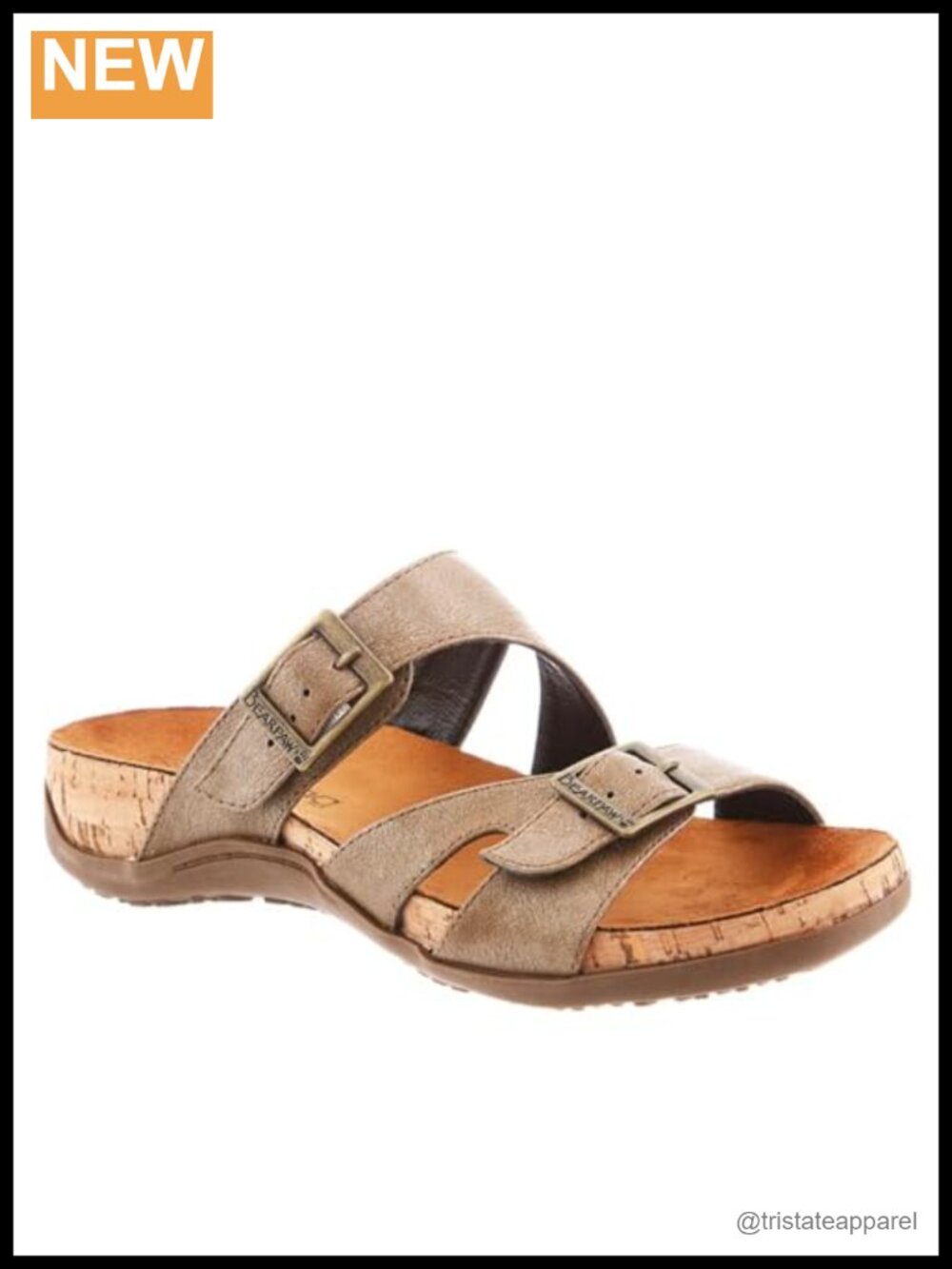 Faux Leather Slide Sandals with Contoured Cork Footbed and Buckle Straps